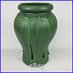 Ephraim Faience Pottery Matte Green Reticulated Leaves 10 3/4 Art Nouveau Vase