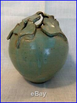 Ephraim Faience Pottery Style Pot Vase Ginkgo Leaves Signed Marked 6 1/2 x 5