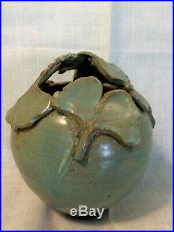 Ephraim Faience Pottery Style Pot Vase Ginkgo Leaves Signed Marked 6 1/2 x 5