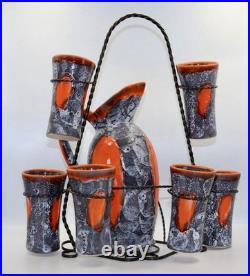 Fabulous mid century French Vallauris Lava-Glaze Jug & Six Goblets Pottery Set
