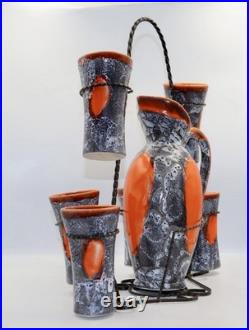 Fabulous mid century French Vallauris Lava-Glaze Jug & Six Goblets Pottery Set