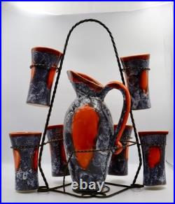 Fabulous mid century French Vallauris Lava-Glaze Jug & Six Goblets Pottery Set