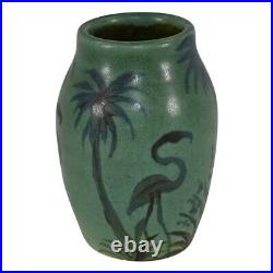 Florida Faience Studio Pottery 2009 Green Flamingos And Palm Trees Scenic Vase