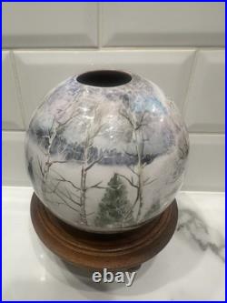 HandPainted Russian Winter Landscape Studio Pottery Vase Birch Trees. Signed Mark