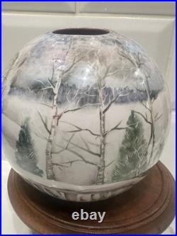 HandPainted Russian Winter Landscape Studio Pottery Vase Birch Trees. Signed Mark