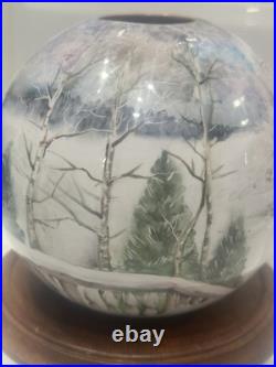 HandPainted Russian Winter Landscape Studio Pottery Vase Birch Trees. Signed Mark