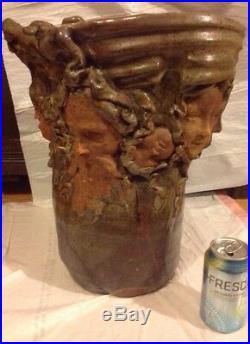 Impressive Unusual Signed Art Pottery Vase Large Heads Medusa Lion Old Man 16