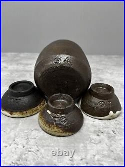 Janet Leach for Leach pottery Sake bottle and 3 sake cups