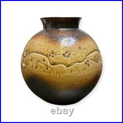 Japanese Studio Pottery Vase Carved Ume Blossom Design, Ash Glaze, Signed Base