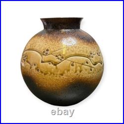 Japanese Studio Pottery Vase Carved Ume Blossom Design, Ash Glaze, Signed Base