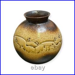 Japanese Studio Pottery Vase Carved Ume Blossom Design, Ash Glaze, Signed Base