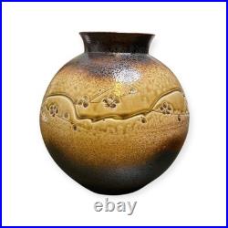 Japanese Studio Pottery Vase Plum Blossom Glazed Stoneware Signed Boxed 26cm