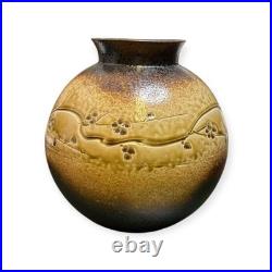 Japanese Studio Pottery Vase Plum Blossom Glazed Stoneware Signed Boxed 26cm