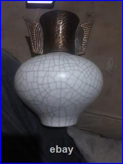 Jay van der Heyden signed studio pottery vase, crackle glaze with brass work