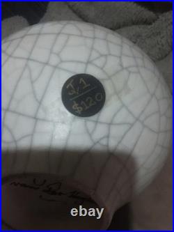 Jay van der Heyden signed studio pottery vase, crackle glaze with brass work