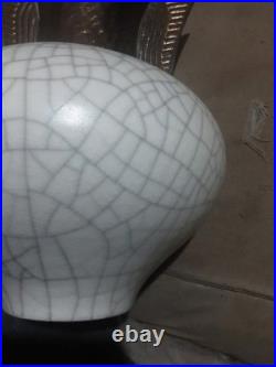 Jay van der Heyden signed studio pottery vase, crackle glaze with brass work