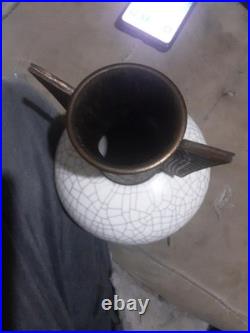 Jay van der Heyden signed studio pottery vase, crackle glaze with brass work