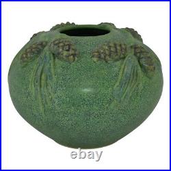 Jemerick Pottery Matte Green Bulbous Pine Cones And Boughs Arts and Crafts Vase