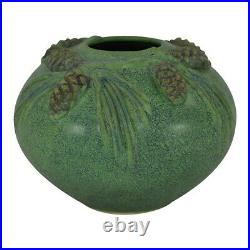 Jemerick Pottery Matte Green Bulbous Pine Cones And Boughs Arts and Crafts Vase
