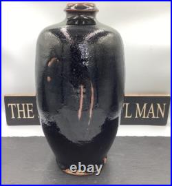 Jim Malone Stoneware Tenmoku Glaze With Decoration Footed Bottle Studio Pottery