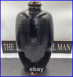Jim Malone Stoneware Tenmoku Glaze With Decoration Footed Bottle Studio Pottery