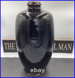 Jim Malone Stoneware Tenmoku Glaze With Decoration Footed Bottle Studio Pottery