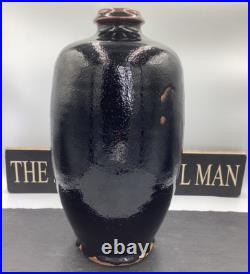 Jim Malone Stoneware Tenmoku Glaze With Decoration Footed Bottle Studio Pottery