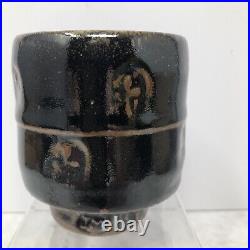 Jim Malone Stoneware yunomi -Burnby pottery Tenmoku Glaze & Impressed Decor #964