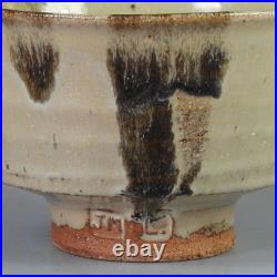 Jim Malone stoneware bowl with a green ash glaze & iron decoration 6.4 dia. VGC