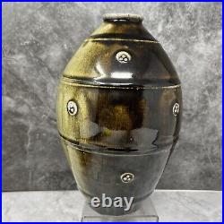 John Jelfs Stoneware green Ash Glaze Ovoid Vase & Applied Decoration 22 cm #865