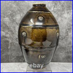 John Jelfs Stoneware green Ash Glaze Ovoid Vase & Applied Decoration 22 cm #865
