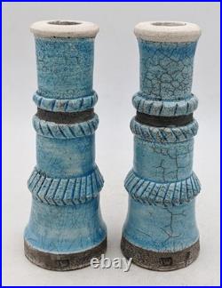 Jw' Impressed Seal Turquoise Raku Studio Pottery Pair Candlesticks
