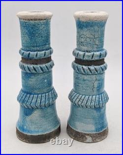 Jw' Impressed Seal Turquoise Raku Studio Pottery Pair Candlesticks