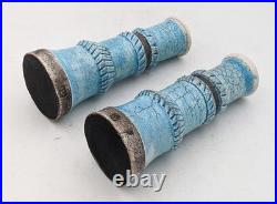 Jw' Impressed Seal Turquoise Raku Studio Pottery Pair Candlesticks
