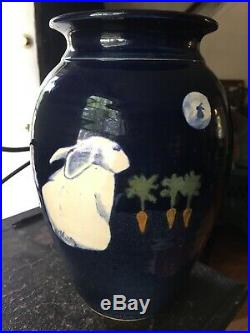 Karen Howell Pottery Vase RABBITS IN MOONLIGHT Bunny Rare signed