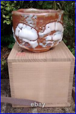 Ken Matsuzaki Japanese studio pottery stoneware shino chawan tea bowl, boxed