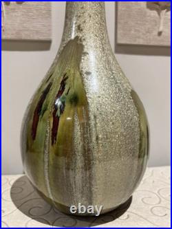 L Studio Pottery Vase Vintage MCM Fat Lava Metallic Glaze Brutalist Signed Art