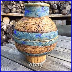 Large Contemporary Studio Pottery Coil Built Fish Ocean Design Vase Makers Mark