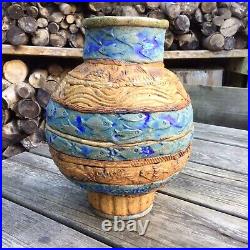 Large Contemporary Studio Pottery Coil Built Fish Ocean Design Vase Makers Mark