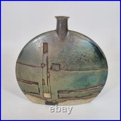 Large Emili Biarnes Studio Pottery Flat Vase Lustre Glaze 20cm Wide
