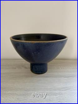 Large Navy Blue Footed Pedestal Stoneware Studio Pottery Bowl