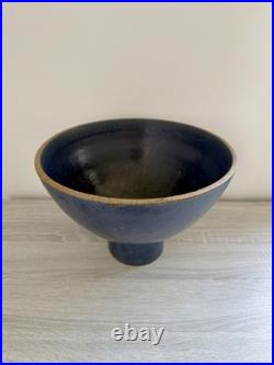 Large Navy Blue Footed Pedestal Stoneware Studio Pottery Bowl