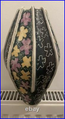 Large Signed Studio Pottery Floral Art Vase Hand Decorated 24cm