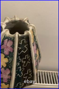Large Signed Studio Pottery Floral Art Vase Hand Decorated 24cm