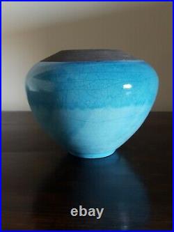 Large Turquoise Raku Crackle Glaze Vase By Rosalie Dodds