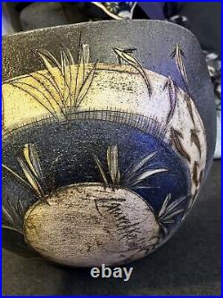 Laurel Keeley Large Sgraffito Studio Pottery Bowl Leaping Fish Signed Rare Laurel Keeley Large Sgraffito Studio Pottery Bowl Leaping Fish Signed Rare
