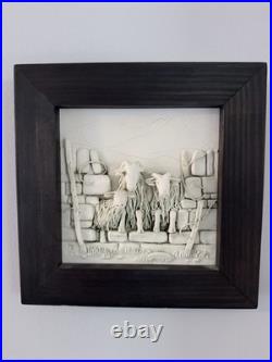 Lesley Jones Studio Pottery Ceramic Relief Sheep on the Wall Framed 3D Art