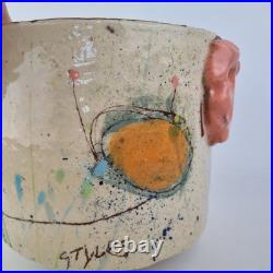 Linda Styles Signed Studio Pottery Vase Planter Abstract Painted 18.5cm High