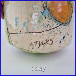 Linda Styles Signed Studio Pottery Vase Planter Abstract Painted 18.5cm High