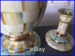 Lot Of Mackenzie Childs Parchment Check Pottery Vase 2 Candlesticks & Heart Bowl